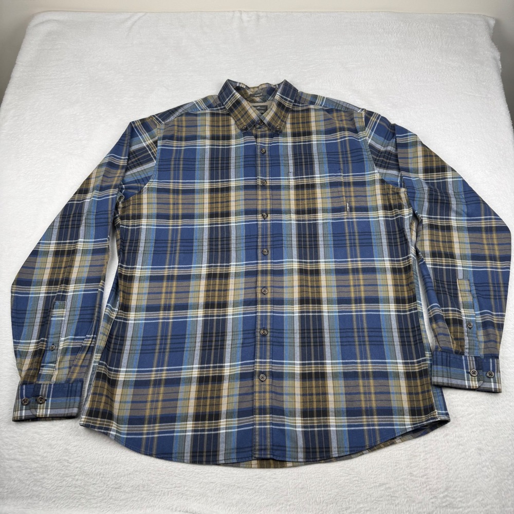 Eddie Bauer Plaid Button Down Shirt Mens TXL Blue Tan Classic Fit Stretch Mesh